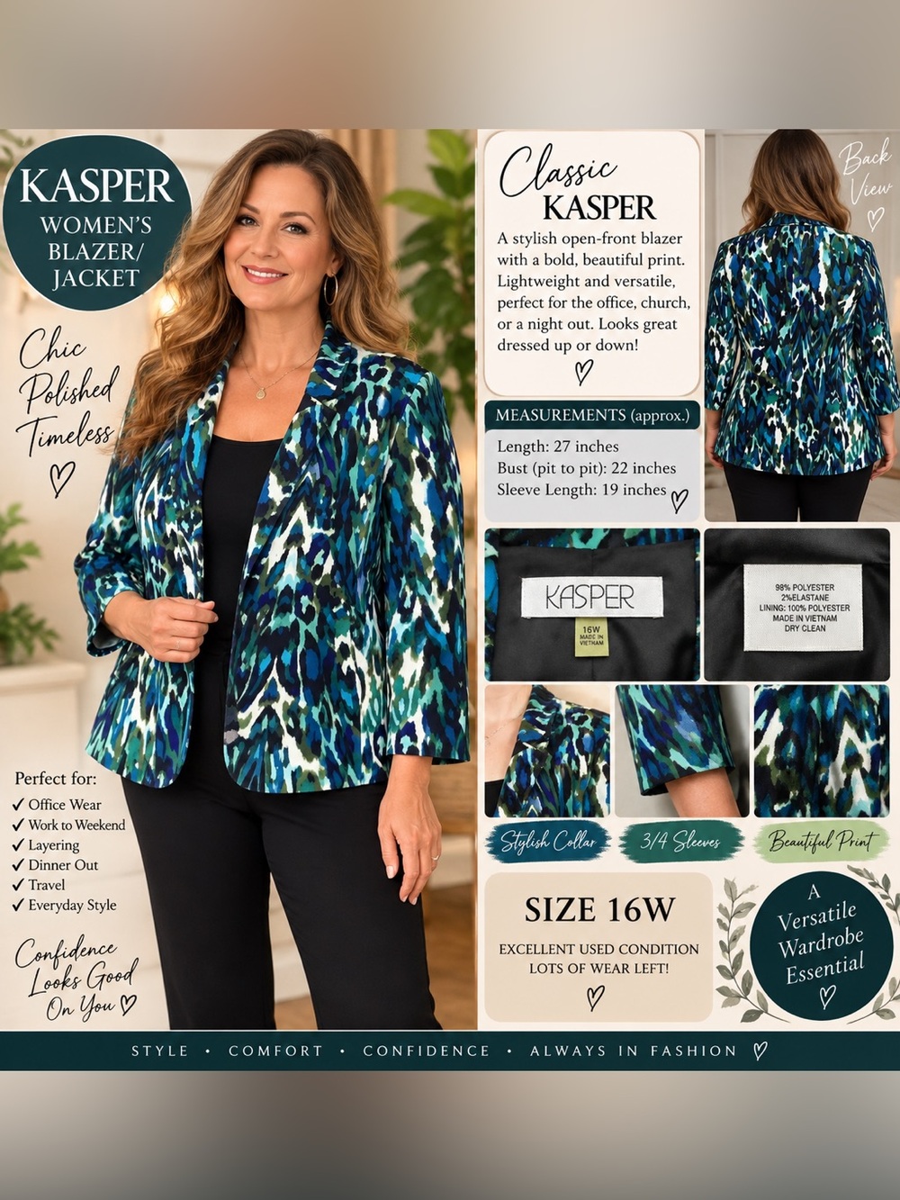 Kasper Multicolor Open-Front Blazer in Blue and Green